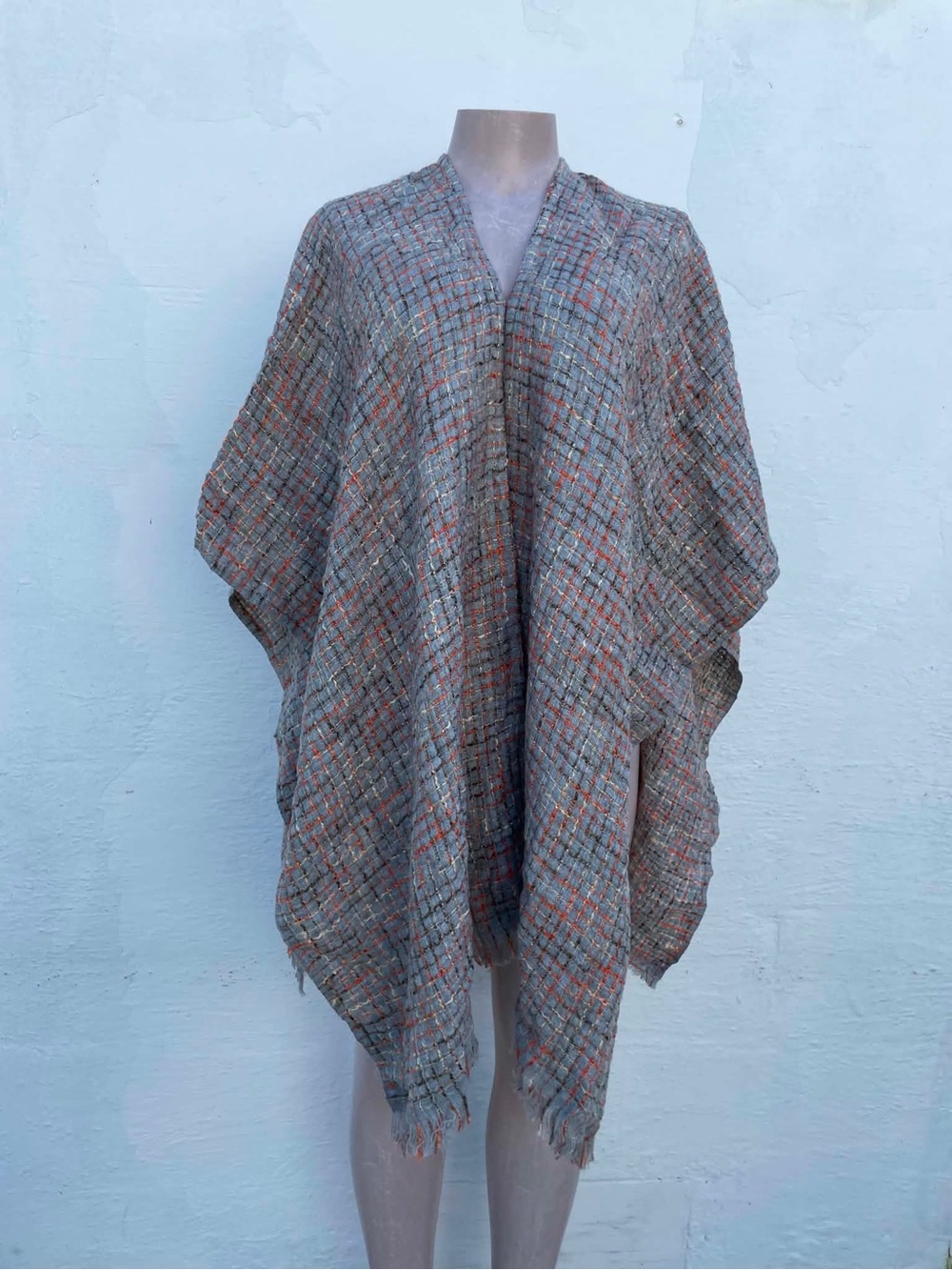 Chico's Gray and Orange Textured Open-Front Poncho